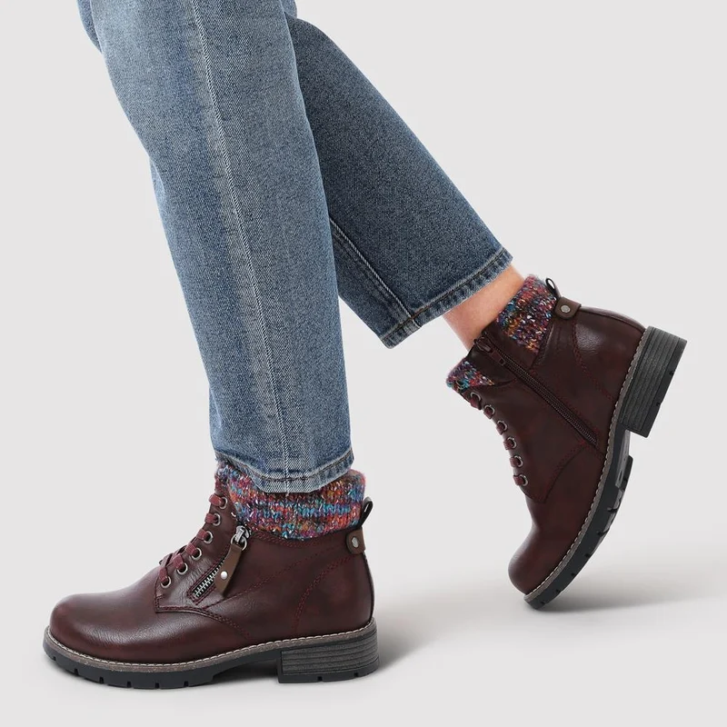 Knitted Cuff Ankle Boots - WBINS40243 / 326 500 - Burgundy
