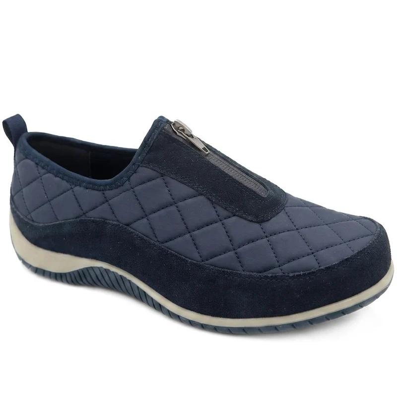 Wide Fit Leather Slip-On Shoes With Zip Fastening - BRK42019 / 328 406 - Navy
