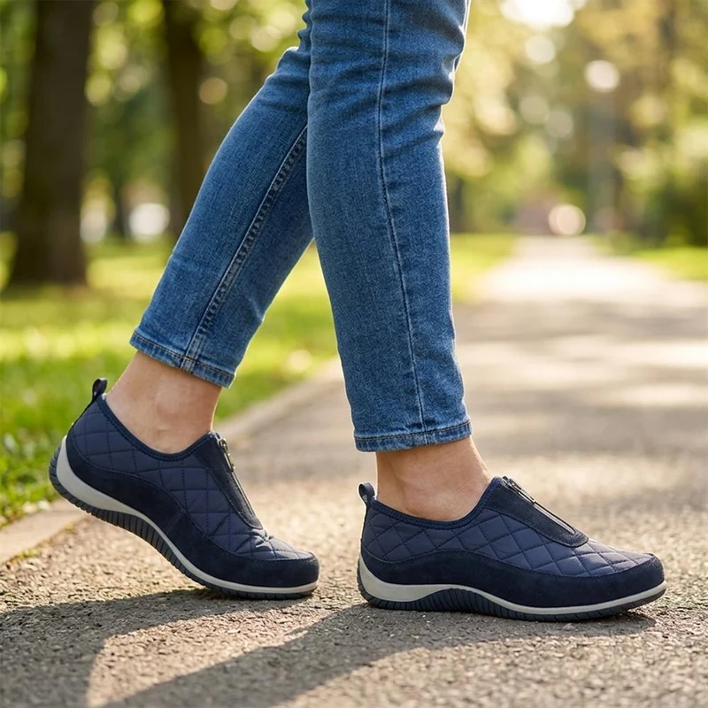 Wide Fit Leather Slip-On Shoes With Zip Fastening - BRK42019 / 328 406 - Navy