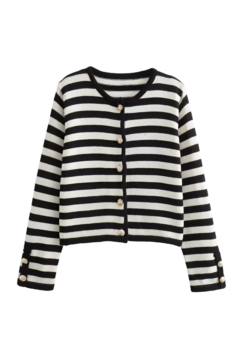 Damen-Strickjacke mit zweifarbigen Streifen, langen Ärmeln und Metallknöpfen – Liora