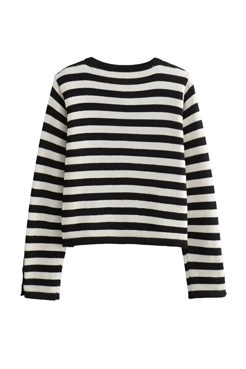 Damen-Strickjacke mit zweifarbigen Streifen, langen Ärmeln und Metallknöpfen – Liora