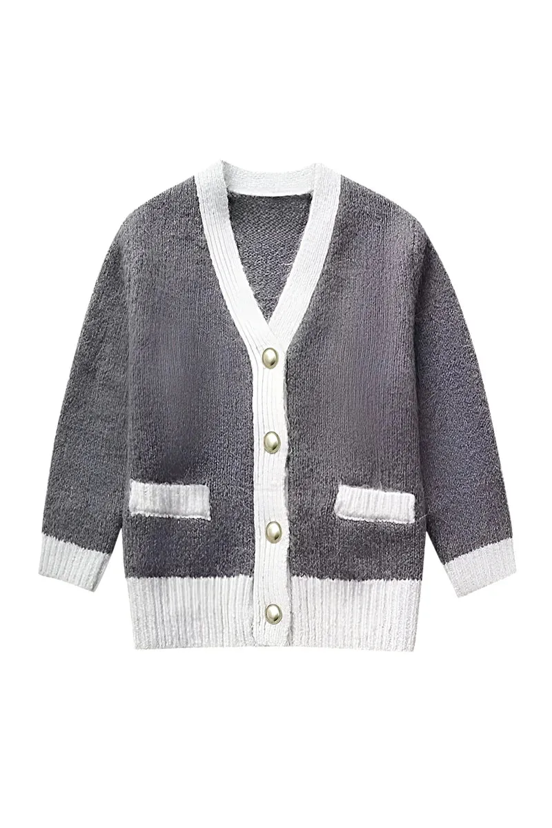 Damen-Strickjacke mit V-Ausschnitt, Knöpfen und kontrastierenden Details – Elva