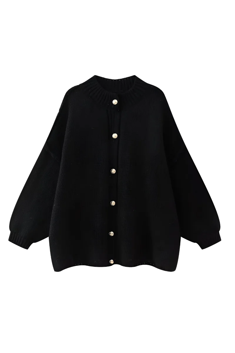 Oversize-Strickjacke mit grobem Strickmuster, Rollkragen und Metallknöpfen – Koranna
