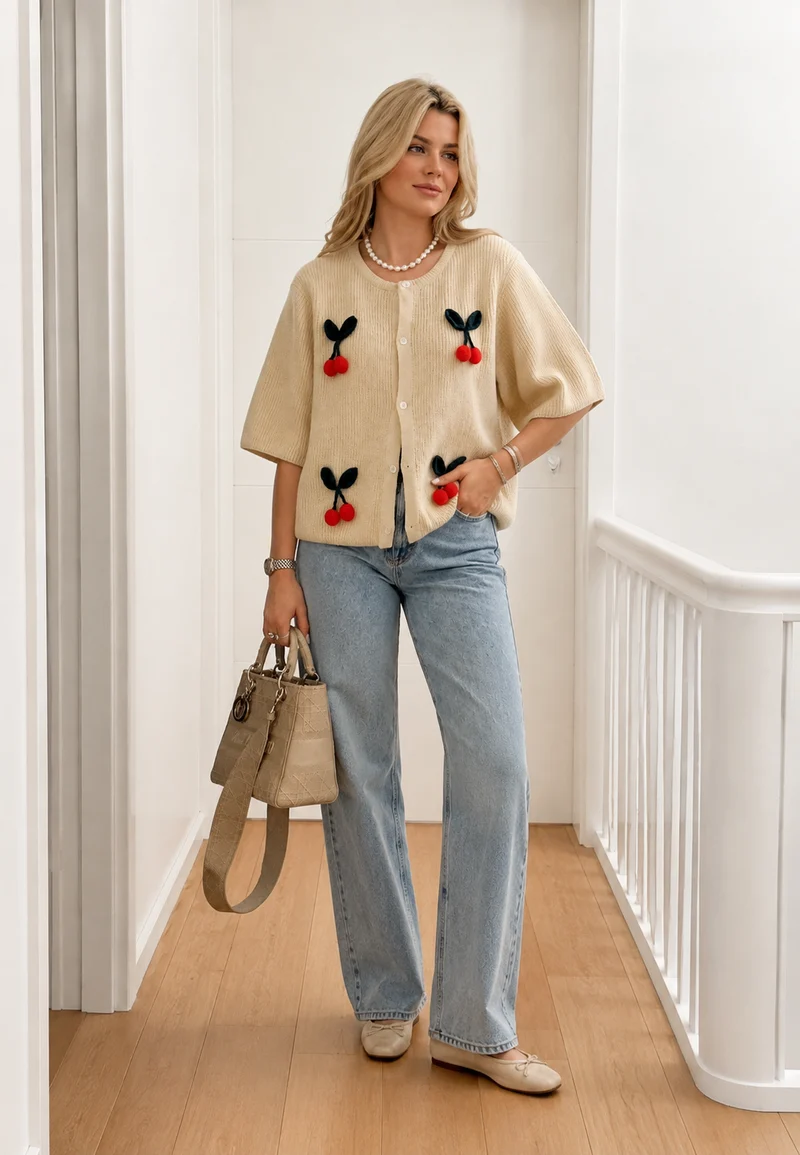 Damen-Strickjacke mit Kirschen-Motiv und kurzen Ärmeln – Culemena