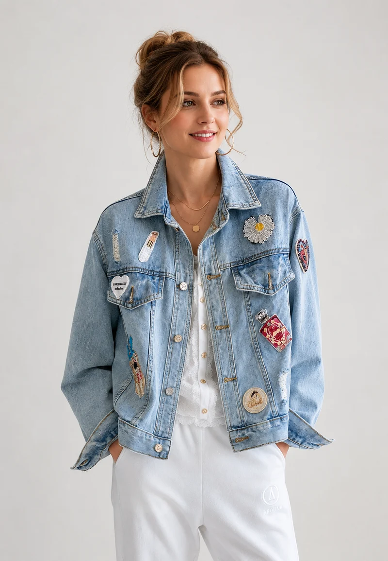 Kurze Jeansjacke für Damen mit Aufnähern im Washed-Look – Odette
