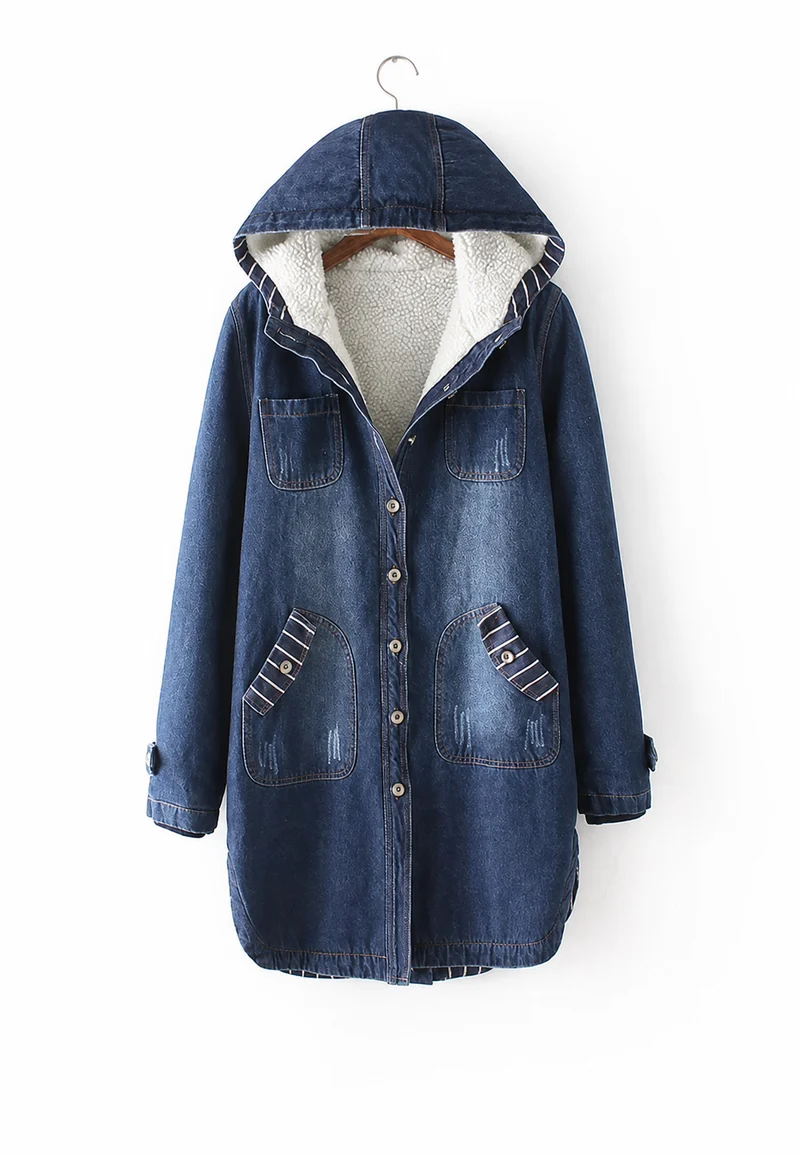 Langer Denim-Parka mit Kapuze und Futter in Lammfelloptik – Freja