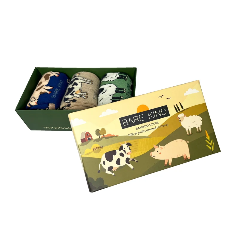 Bare Kind Geschenkbox mit Bambussocken mit Bauernhoftiermotiven | 3er-Pack