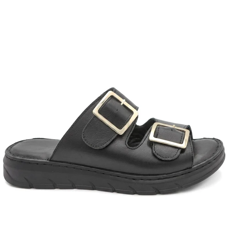 Dual Buckled Leather Chunky Mule Sandals - GOKH43001 / 329 421 - Black