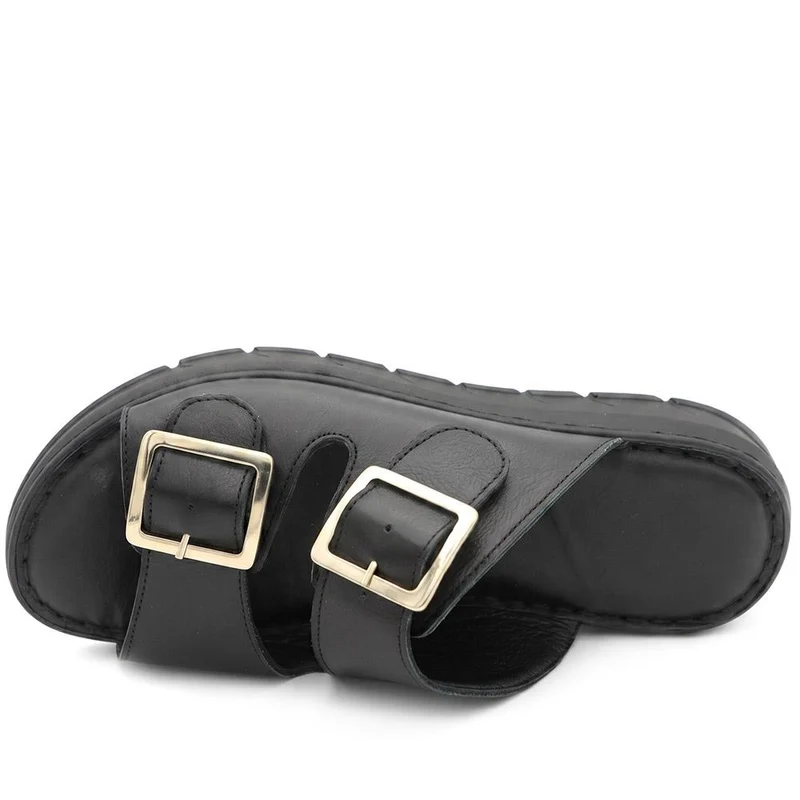 Dual Buckled Leather Chunky Mule Sandals - GOKH43001 / 329 421 - Black