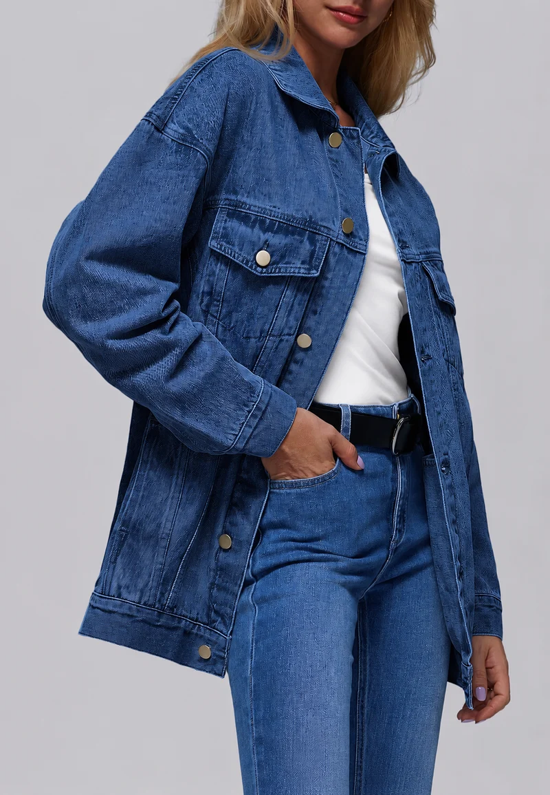 Lange Oversize-Jeansjacke für Damen mit Patten-Taschen – Eira