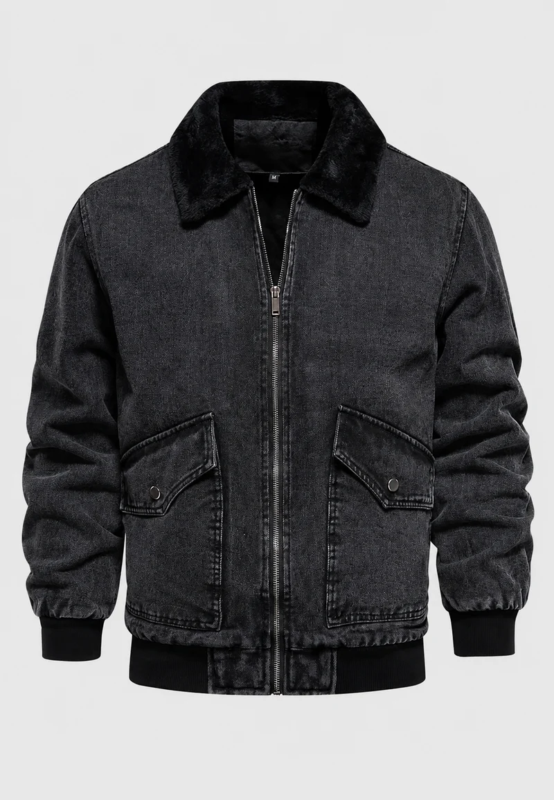 Bomberjacke aus Jeansstoff mit Lammfellfutter und Reißverschluss – Tobias