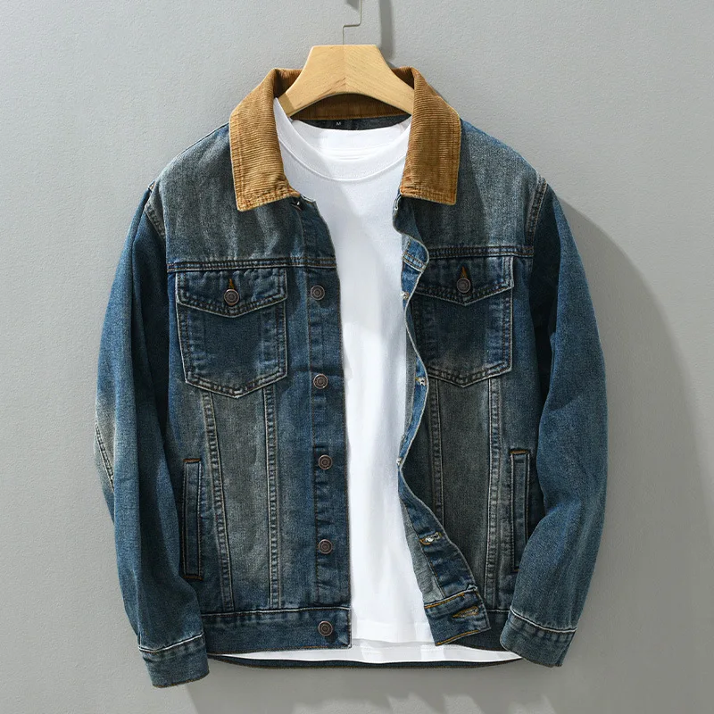 Herren-Jeansjacke mit Cordkragen im Washed-Look – Dario