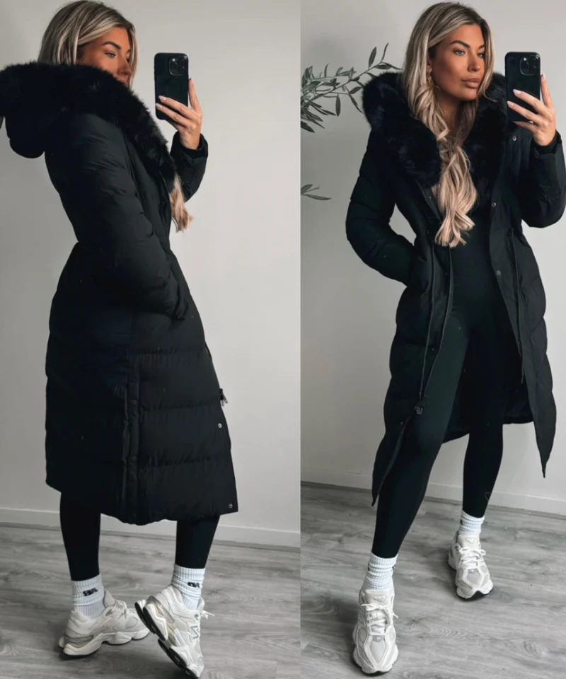 Damen Wintermantel | Lange Steppjacke | Warm Gefüttert | Kapuze mit Imitationsfell