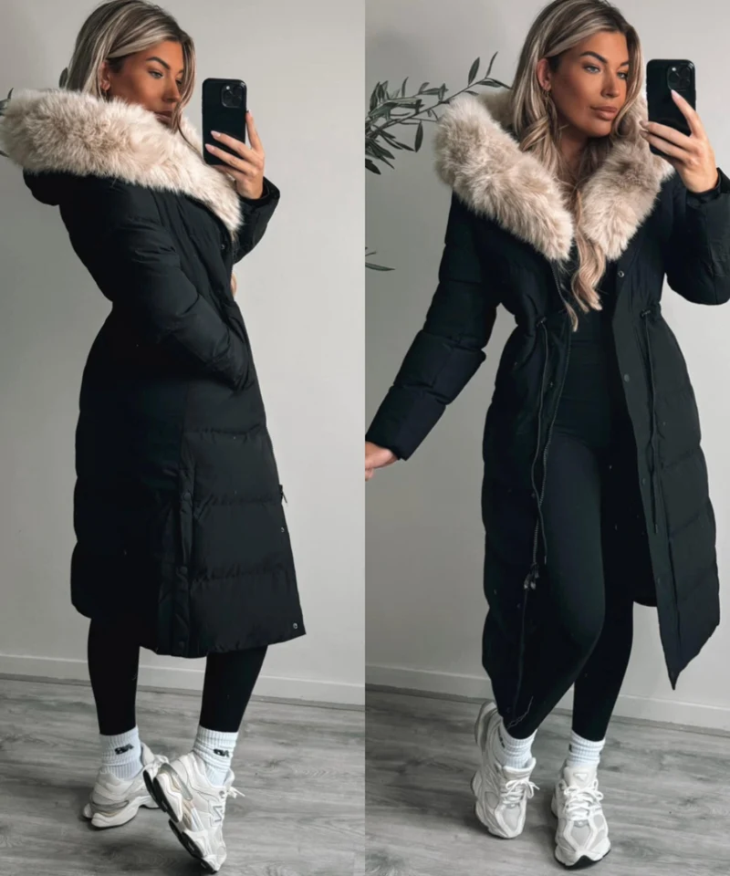 Damen Wintermantel | Lange Steppjacke | Warm Gefüttert | Kapuze mit Imitationsfell