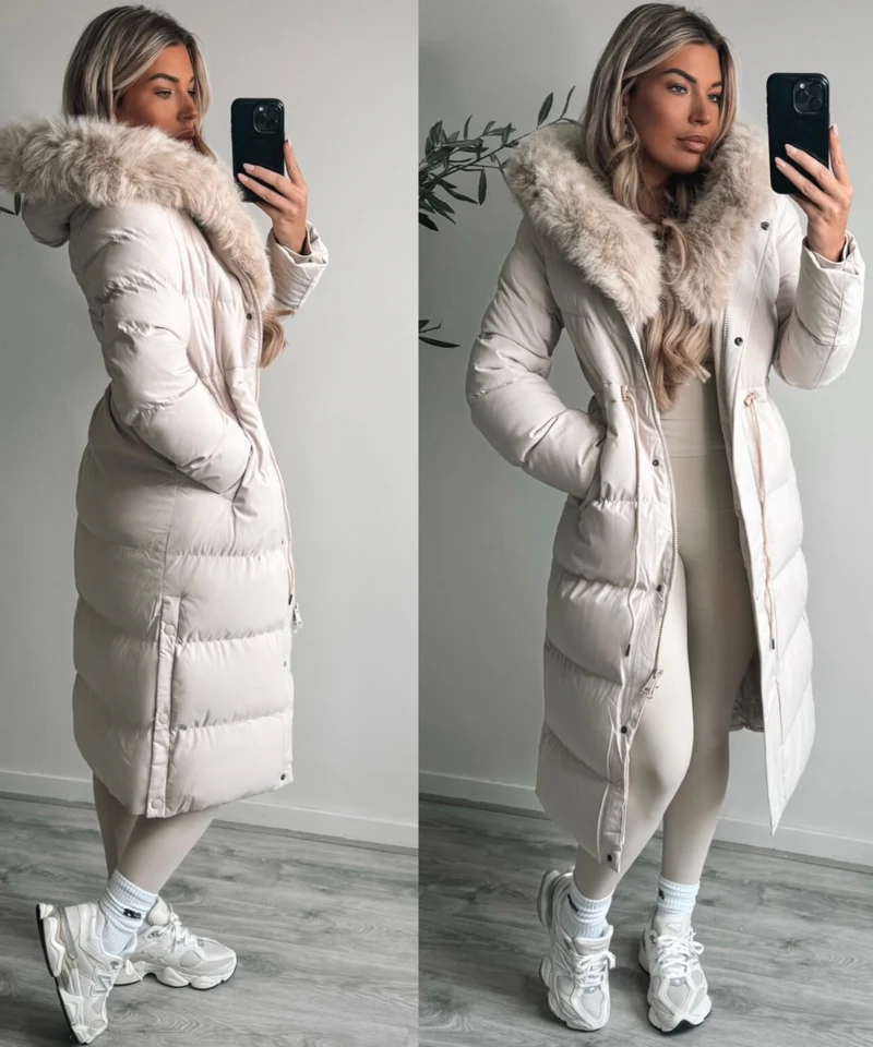 Damen Wintermantel | Lange Steppjacke | Warm Gefüttert | Kapuze mit Imitationsfell