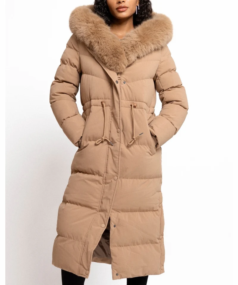 Damen Wintermantel | Lange Steppjacke | Warm Gefüttert | Kapuze mit Imitationsfell