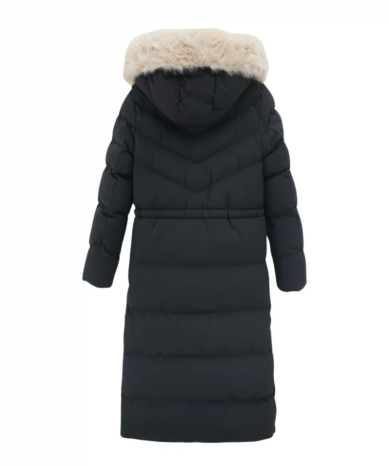 Damen Wintermantel | Lange Steppjacke | Warm Gefüttert | Kapuze mit Imitationsfell