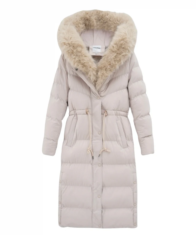 Damen Wintermantel | Lange Steppjacke | Warm Gefüttert | Kapuze mit Imitationsfell