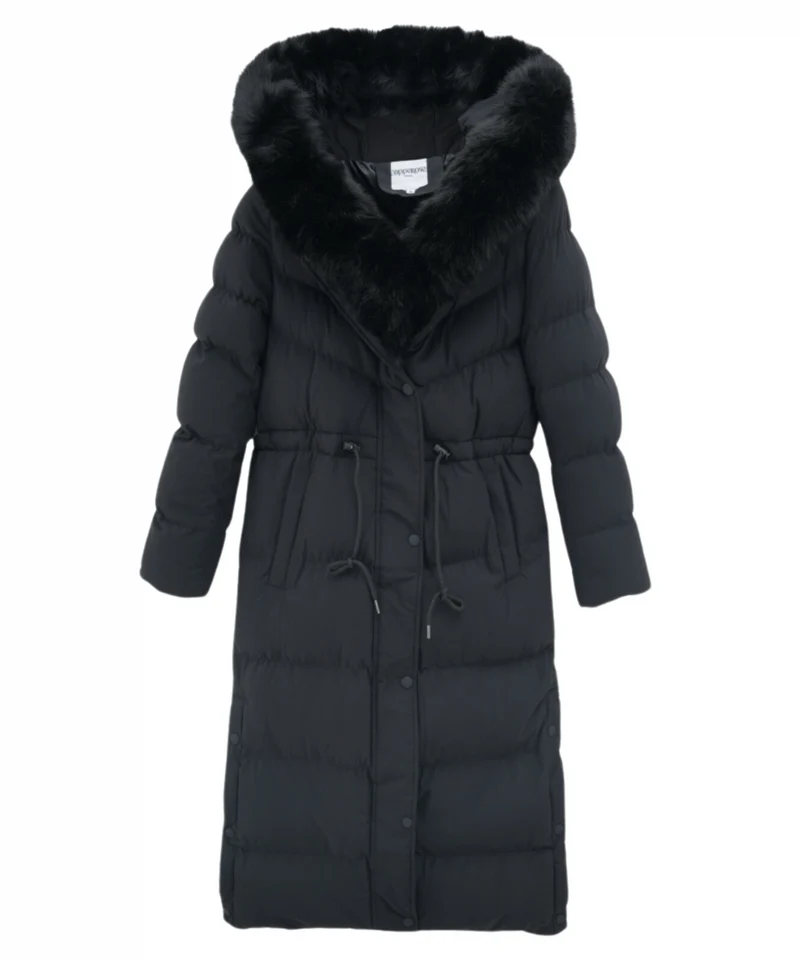Damen Wintermantel | Lange Steppjacke | Warm Gefüttert | Kapuze mit Imitationsfell