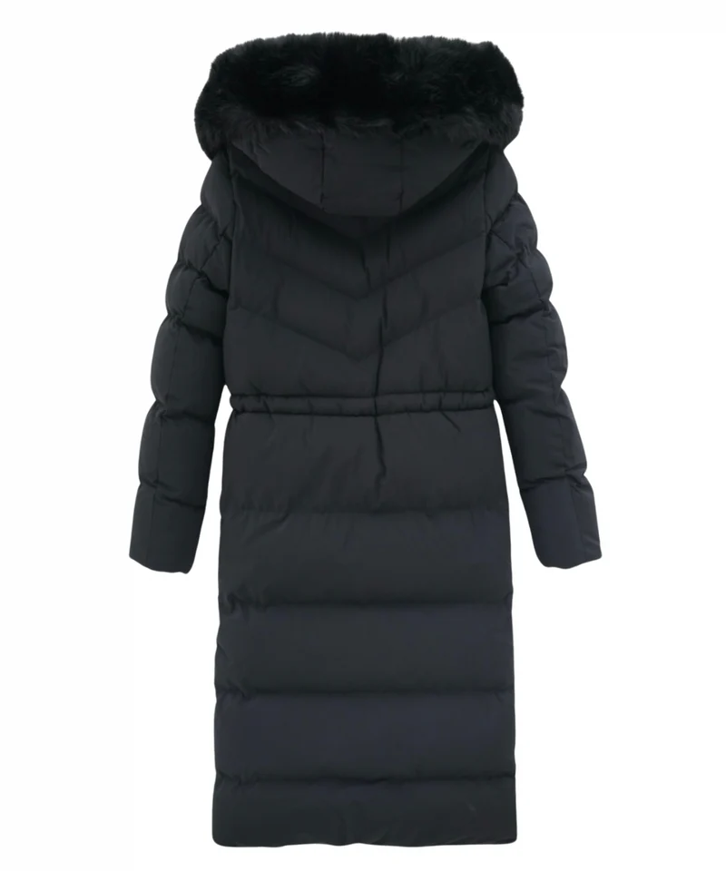 Damen Wintermantel | Lange Steppjacke | Warm Gefüttert | Kapuze mit Imitationsfell