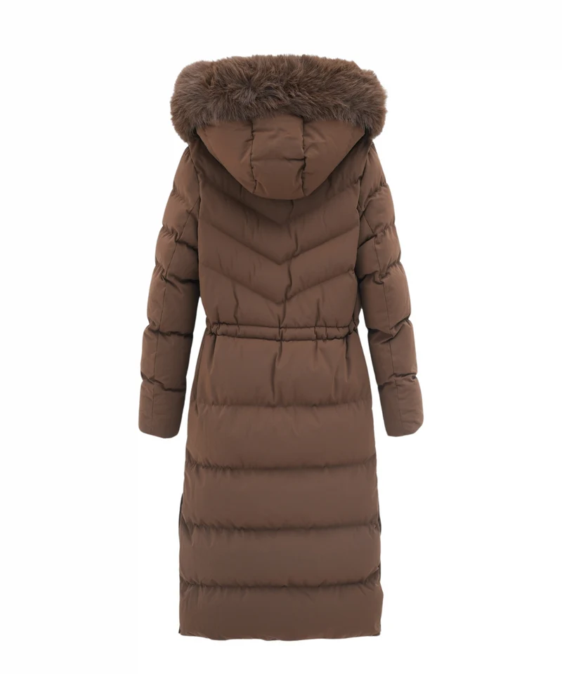 Damen Wintermantel | Lange Steppjacke | Warm Gefüttert | Kapuze mit Imitationsfell