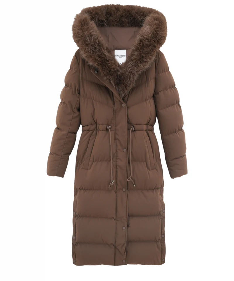 Damen Wintermantel | Lange Steppjacke | Warm Gefüttert | Kapuze mit Imitationsfell