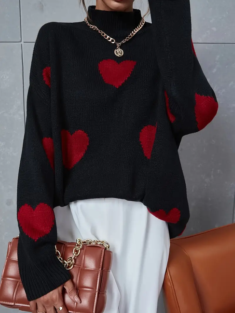 Hers | Herz-Muster Rollkragenpullover Damen – Lässig & Stylisch