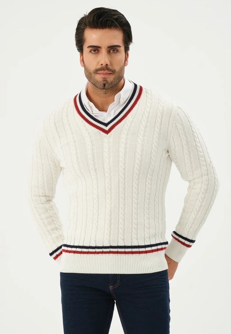 Kace | Weißer V-Ausschnitt Kabel Gestrickter Streifenpullover