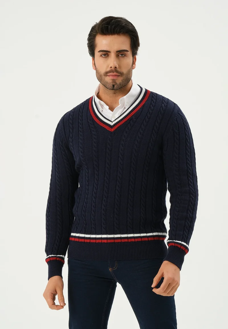 Kace | Weißer V-Ausschnitt Kabel Gestrickter Streifenpullover