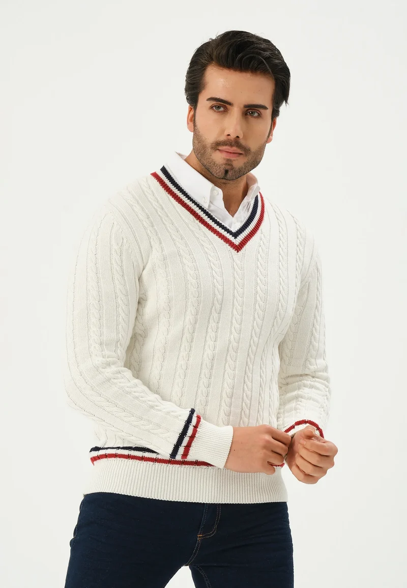 Kace | Weißer V-Ausschnitt Kabel Gestrickter Streifenpullover