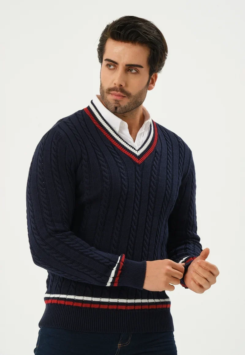 Kace | Weißer V-Ausschnitt Kabel Gestrickter Streifenpullover