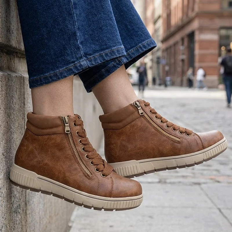 Lace Up Boots With Side Zip - SIN42000 / 328 220 - Tan