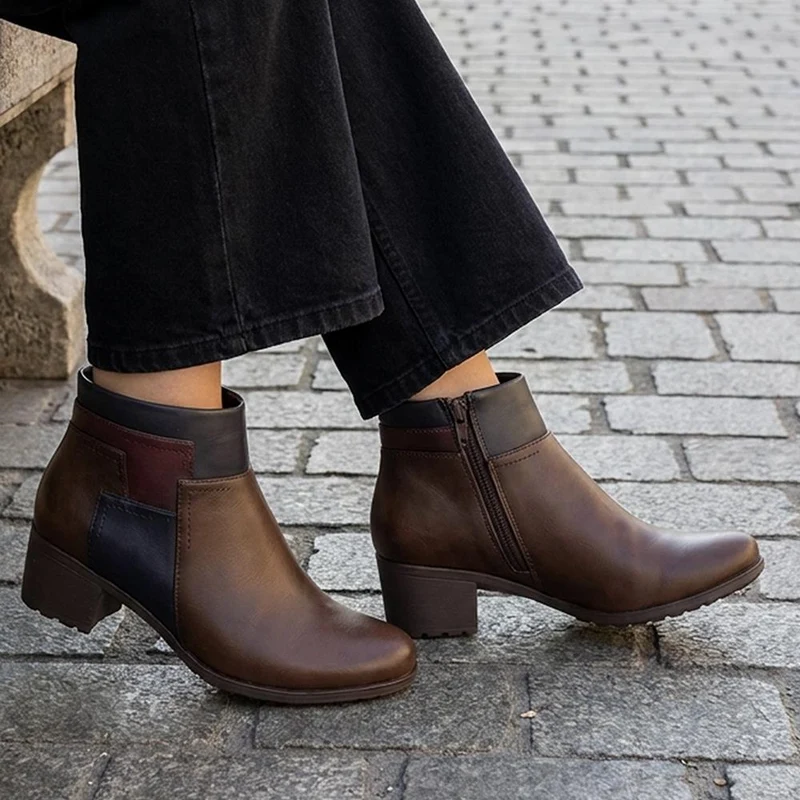Block Heel Ankle Boots With Inside Zip - WK42005 / 327 940 - Brown Multi