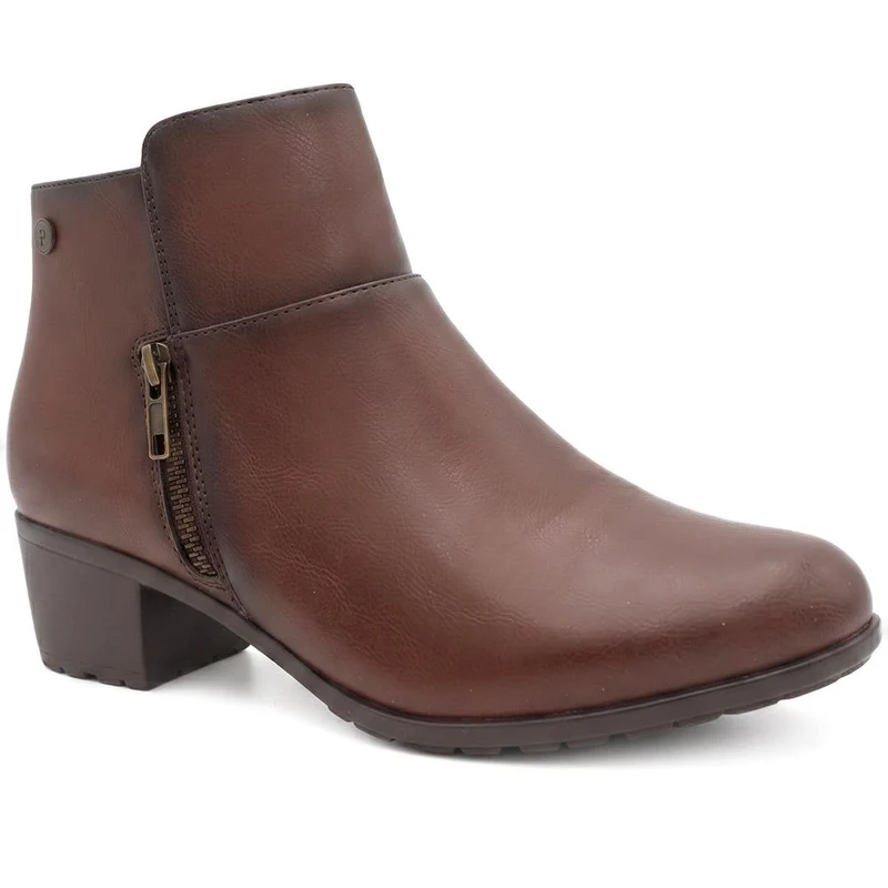 Wide Fit Zip Fasten Block Heel Ankle Boots - WK44000 / 329 623 - Brown