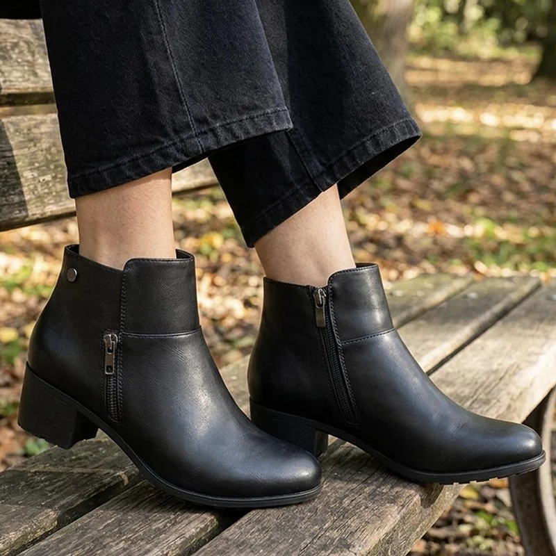 Wide Fit Zip Fasten Block Heel Ankle Boots - WK44000 / 329 623 - Black