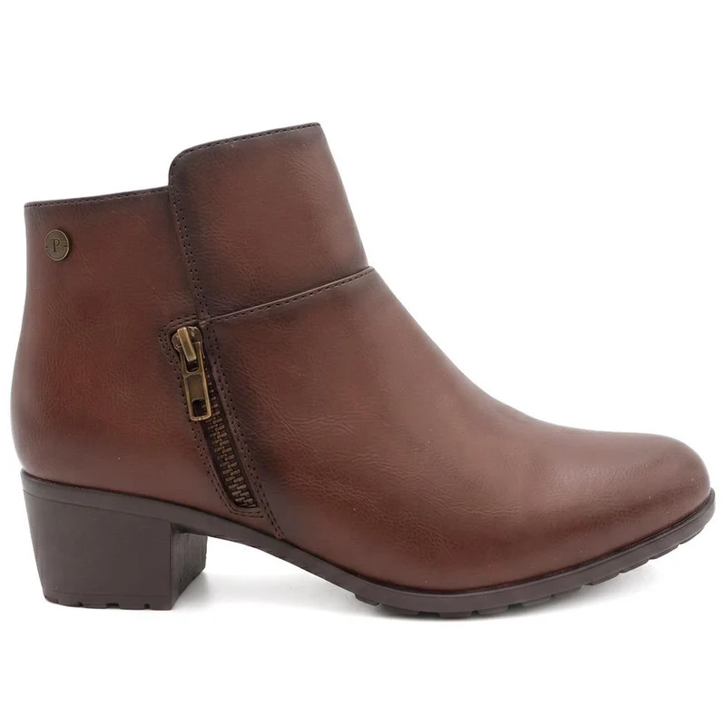 Wide Fit Zip Fasten Block Heel Ankle Boots - WK44000 / 329 623 - Brown