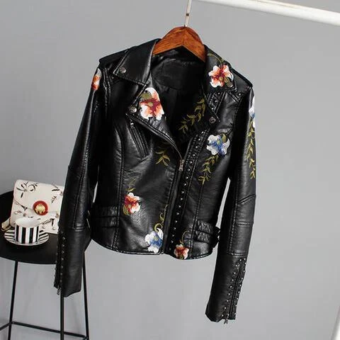 Ridge | Lederjacke mit gestickten Blumen für Damen