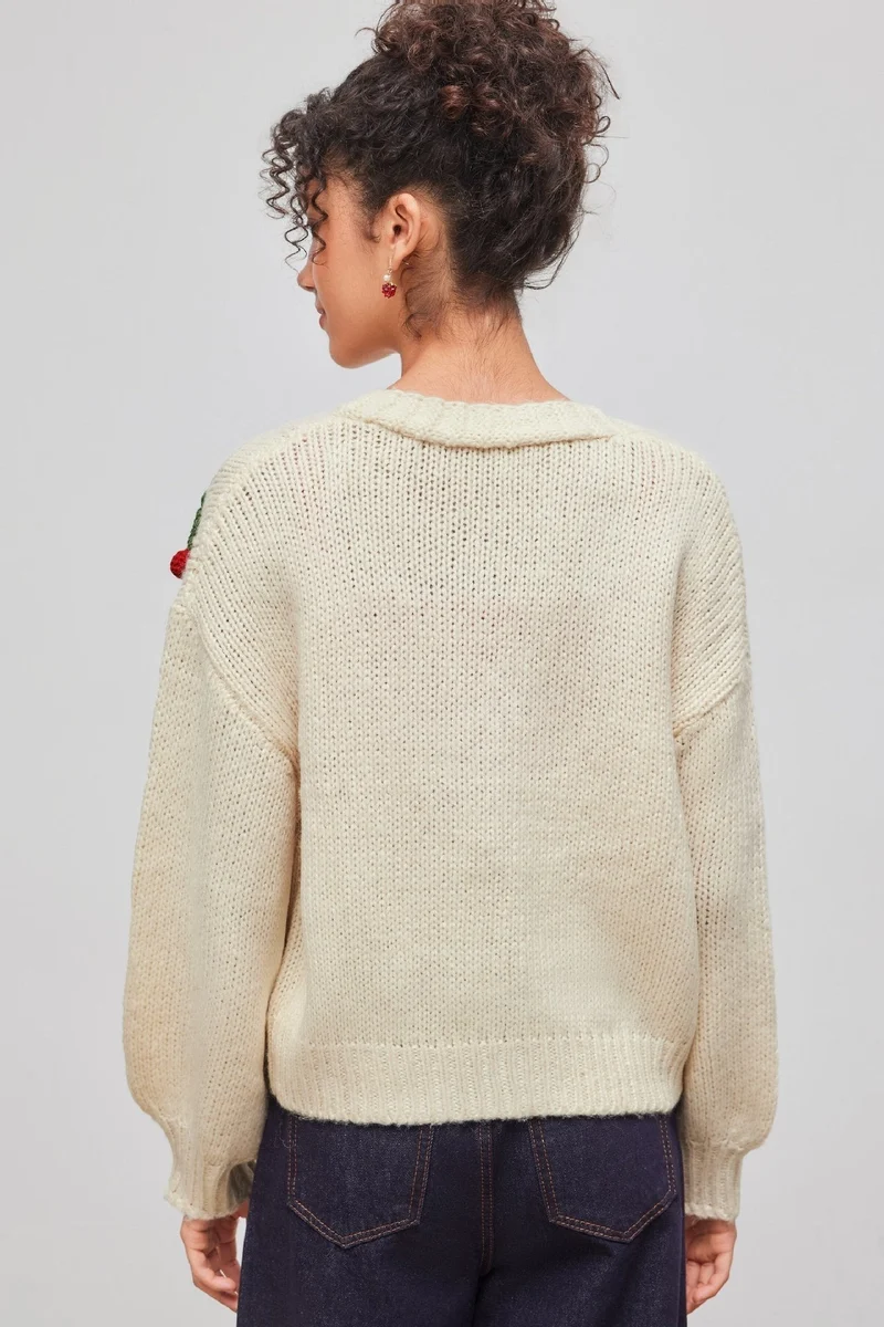 Lockerer Strickcardigan mit V-Ausschnitt und Kirschapplikationen – Frieda