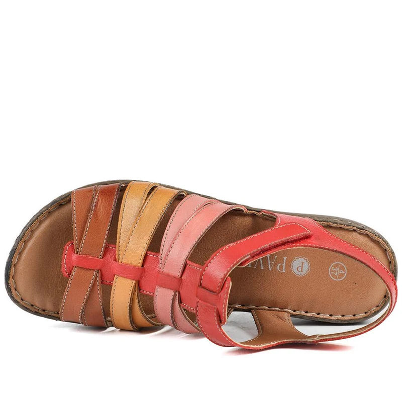 Premium Leather Adjustable Fasten Sandals - LUCK43002 / 329 420 - Red Multi