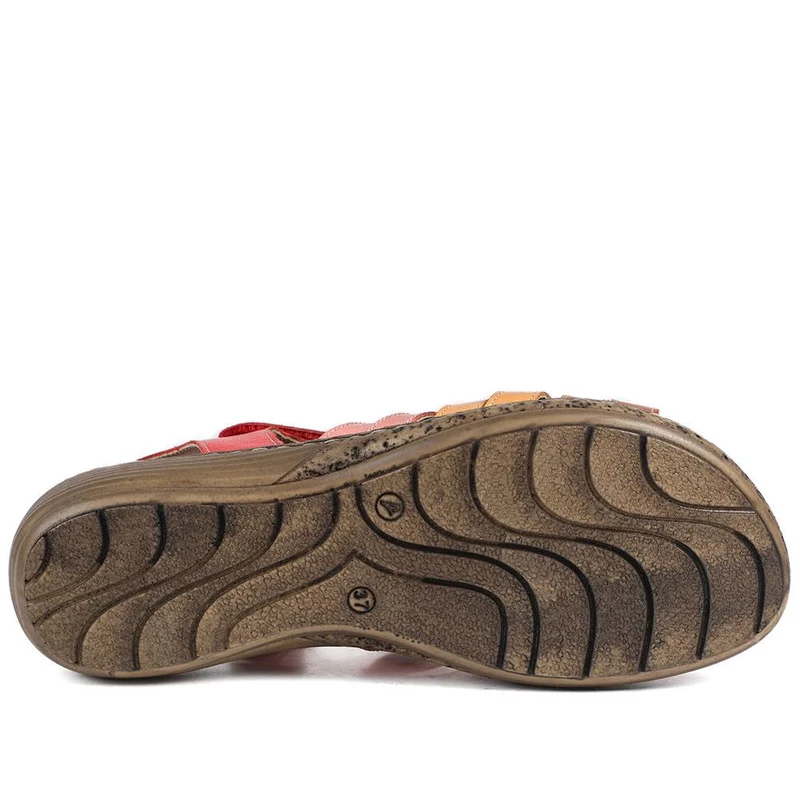 Premium Leather Adjustable Fasten Sandals - LUCK43002 / 329 420 - Red Multi
