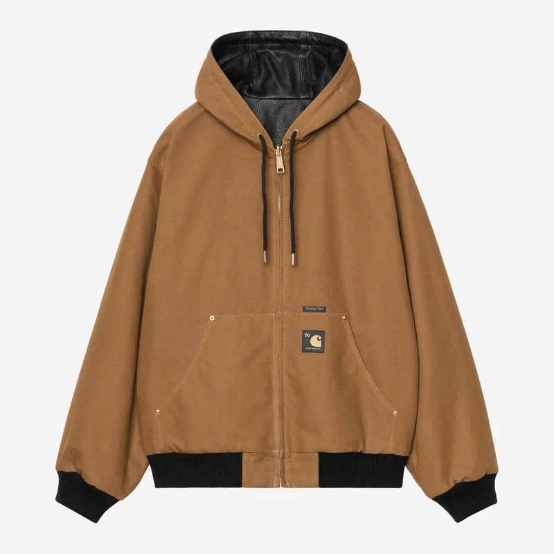 Carhartt WIP Herren OG Active Lederjacke in Jubiläumsausgabe zum 50-jährigen Bestehen | Schwarz / Hamilton Braun