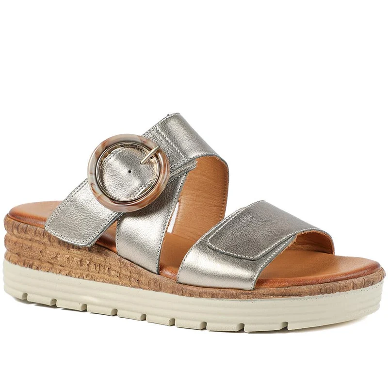 Adjustable Leather Wedge Sandals - BELMET43006 / 329 222 - Metallic