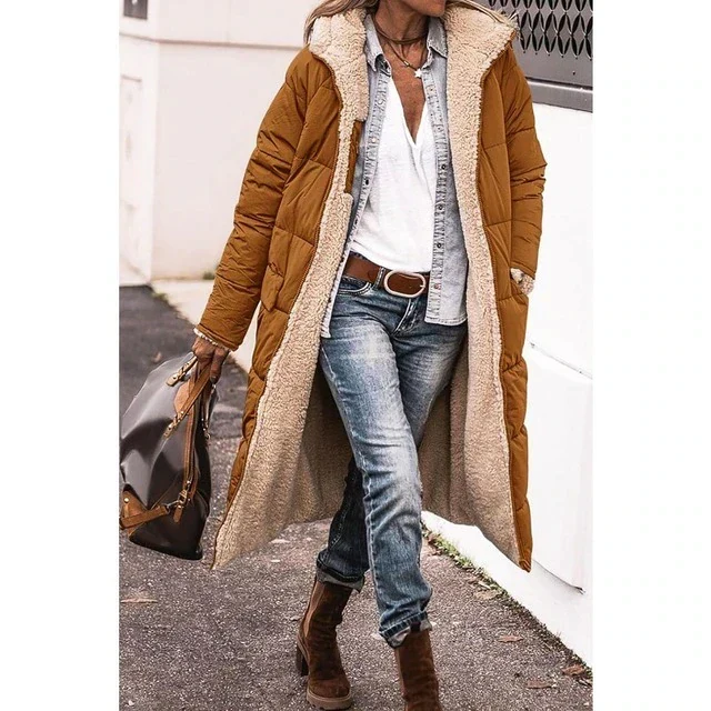 Camila | Wende-Sherpa-Fleece langer Puffermantel mit Kapuze