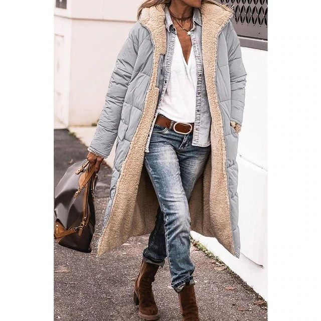 Camila | Wende-Sherpa-Fleece langer Puffermantel mit Kapuze