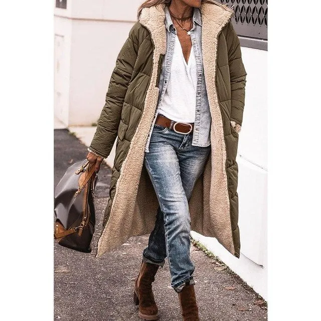 Camila | Wende-Sherpa-Fleece langer Puffermantel mit Kapuze