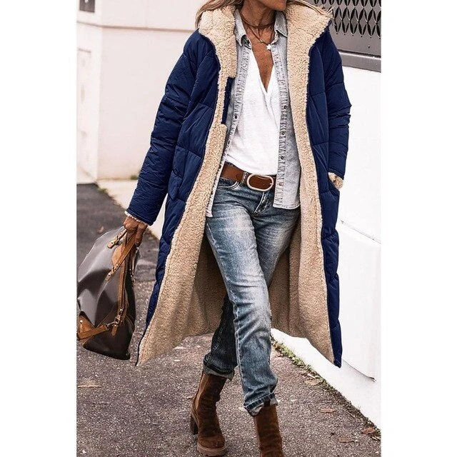 Camila | Wende-Sherpa-Fleece langer Puffermantel mit Kapuze