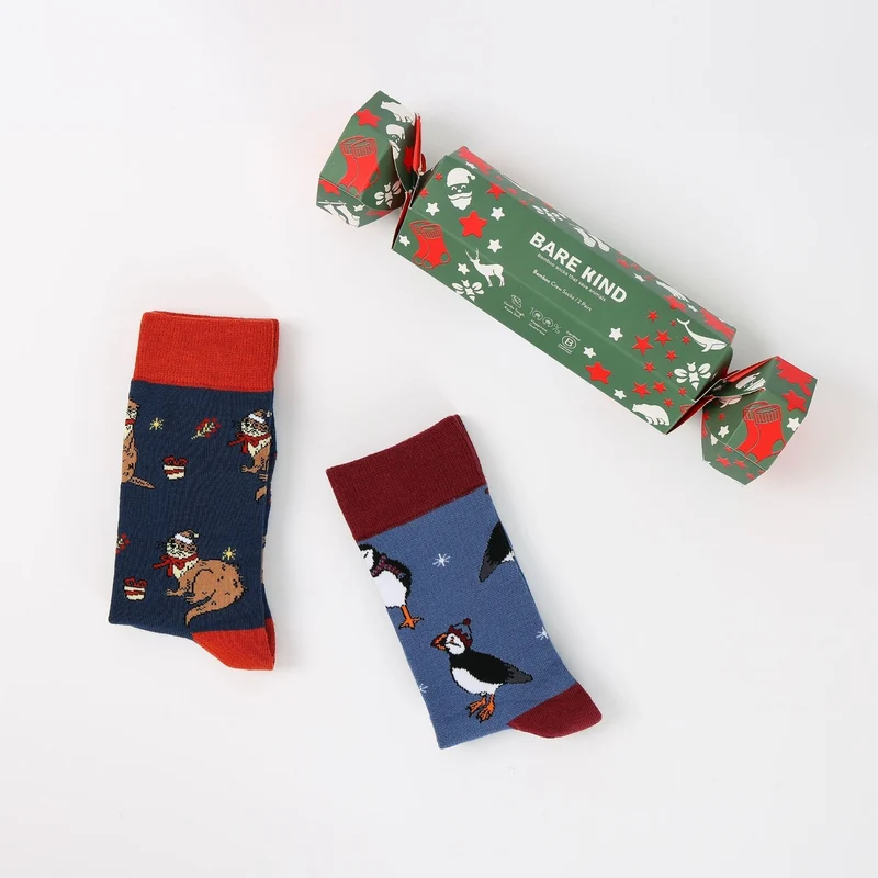 Bare Kind Weihnachtsknaller-Socken aus Bambus mit Otter- und Papageientauchermotiv | 2er-Pack