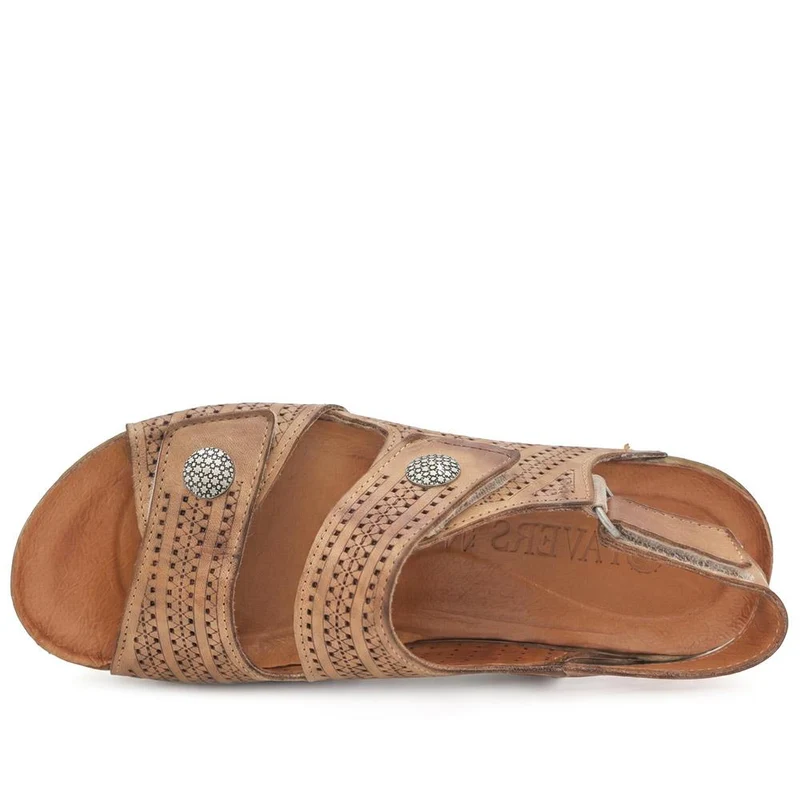 Leather Triple Adjustable Strap Sandals - KARY43005 / 329 410 - Tan