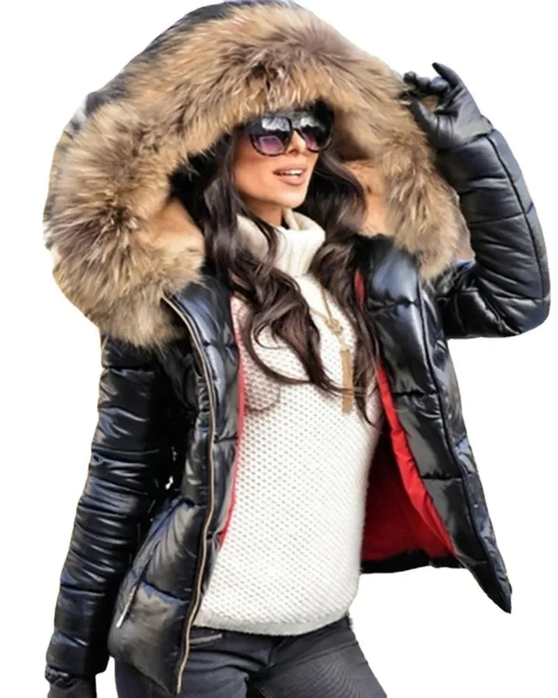 Elisee | Winterjacke mit Kunstfellkapuze und glänzendem Finish