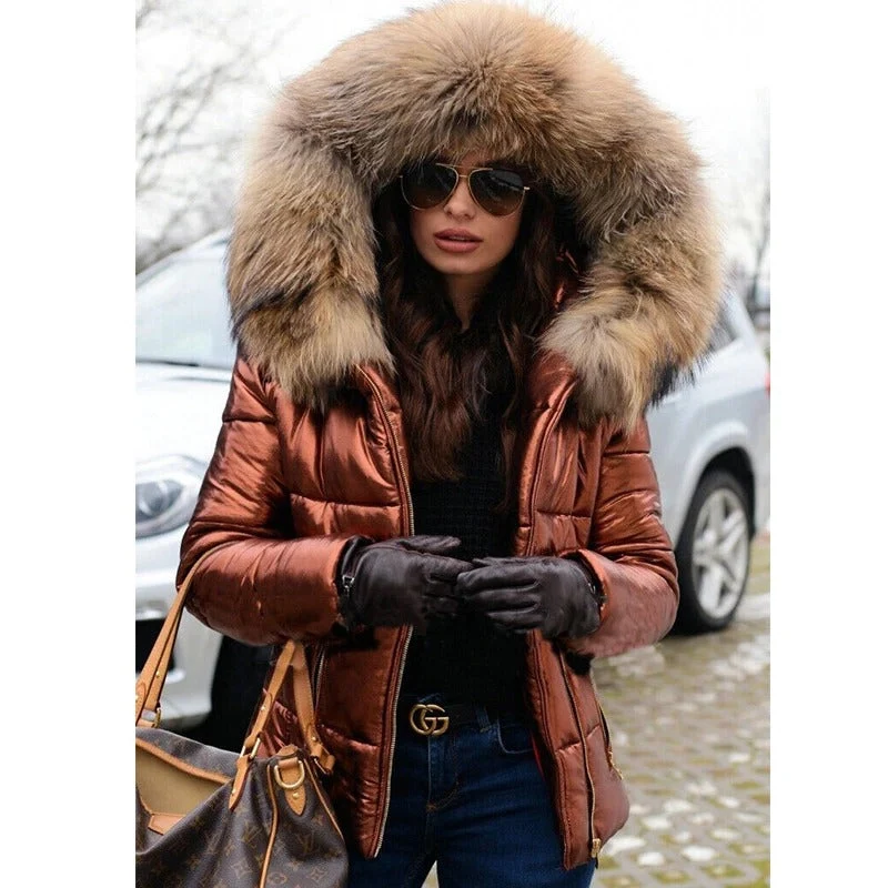 Elisee | Winterjacke mit Kunstfellkapuze und glänzendem Finish
